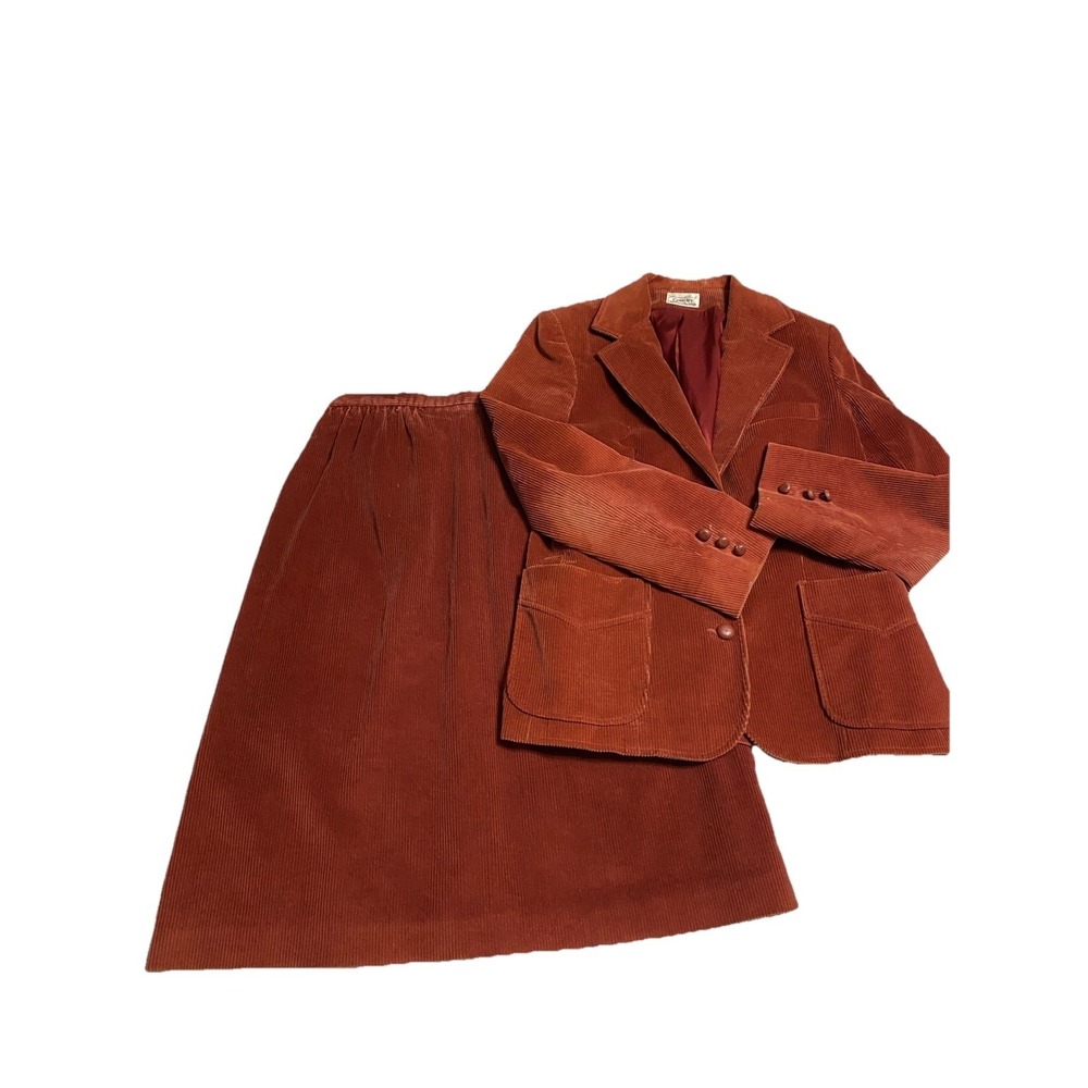 VTG 70s 80s Corduroy Skirt Suit Set Country Suburbans Rust Orange Boho Blazer M